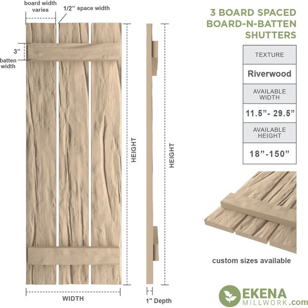 Rustic Three Board Spaced Board-n-Batten Riverwood Faux Wood Shutters, 17 1/2W X 54H